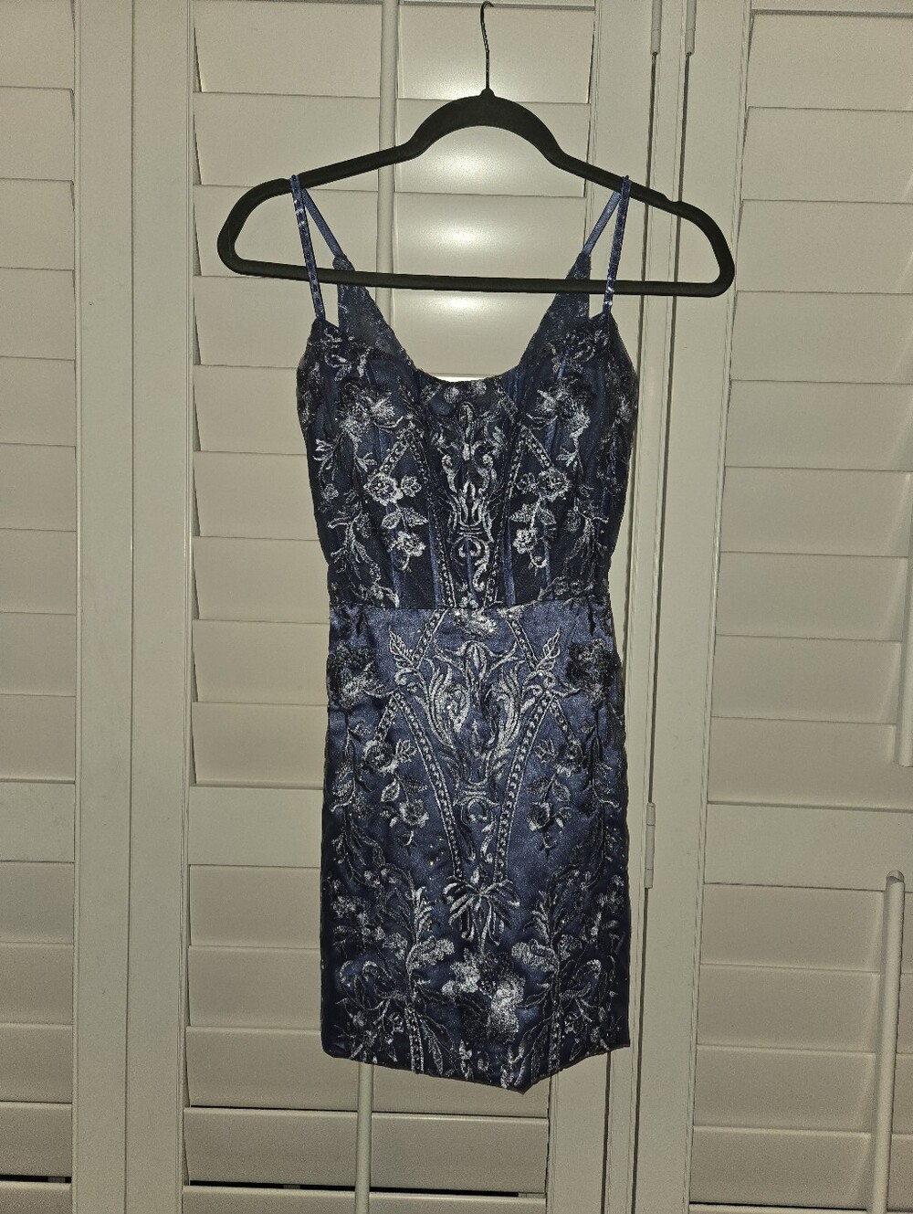 Blue/grey-ish Embroidered Spaghetti Strap Mini Dress With Rhinestones